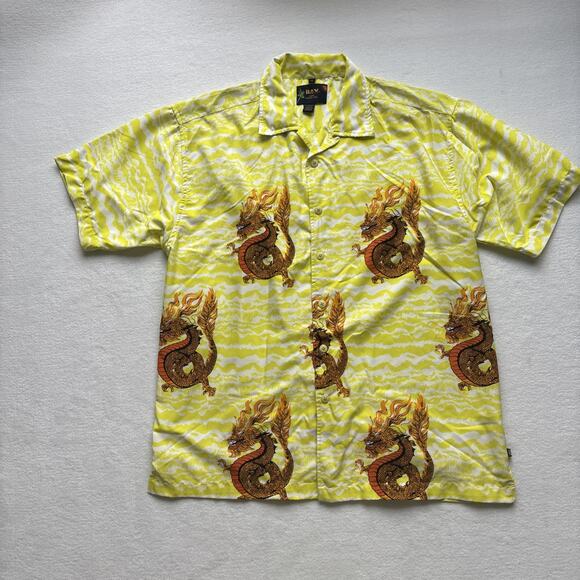 Bay Creek Other - Bay Creek Dragon‎ Print Shirt Mens Large Yellow Short Sleeve Tropical Button Up